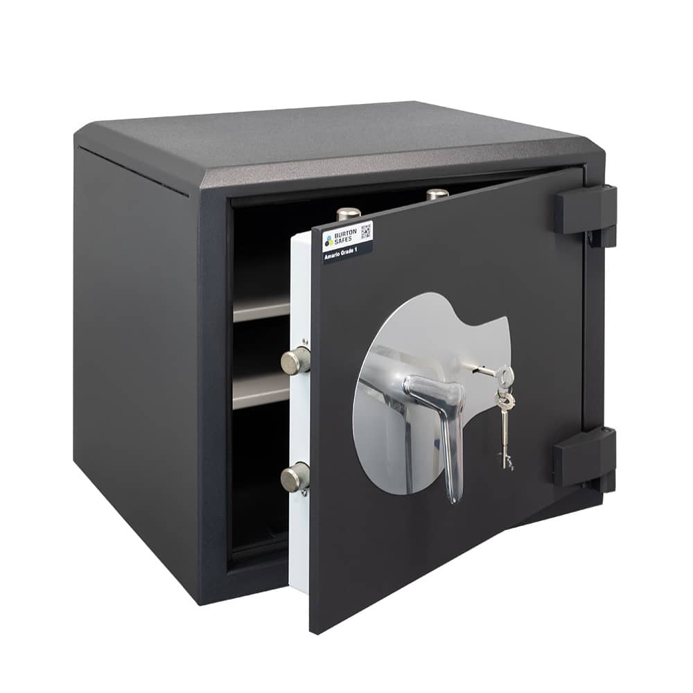 Front view with door open of Amario Grade 1 security safe in charcoal grey with keylock