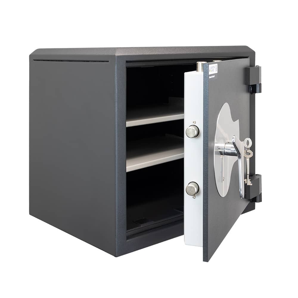 Door Open on Amario Grade 1 security safe in charcoal grey with keylock