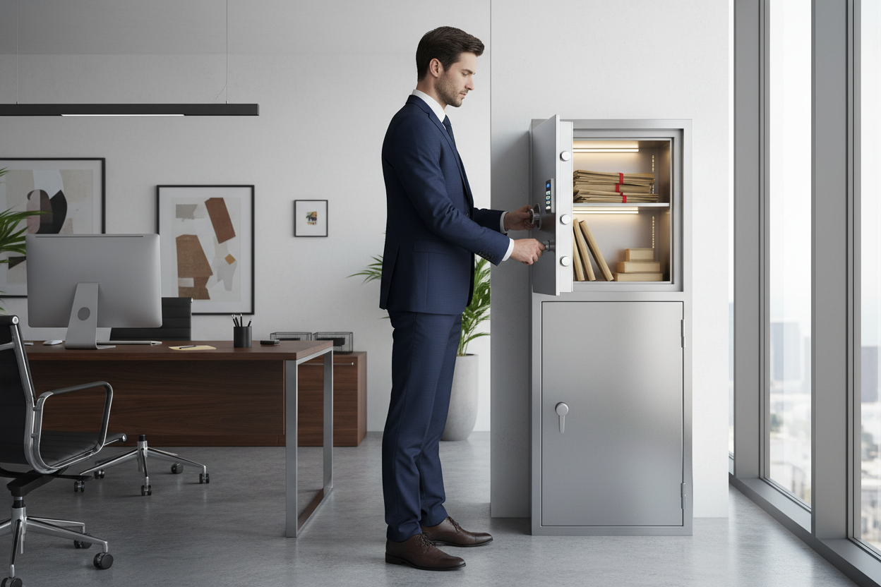 buisness person using a safe to store documents in an office