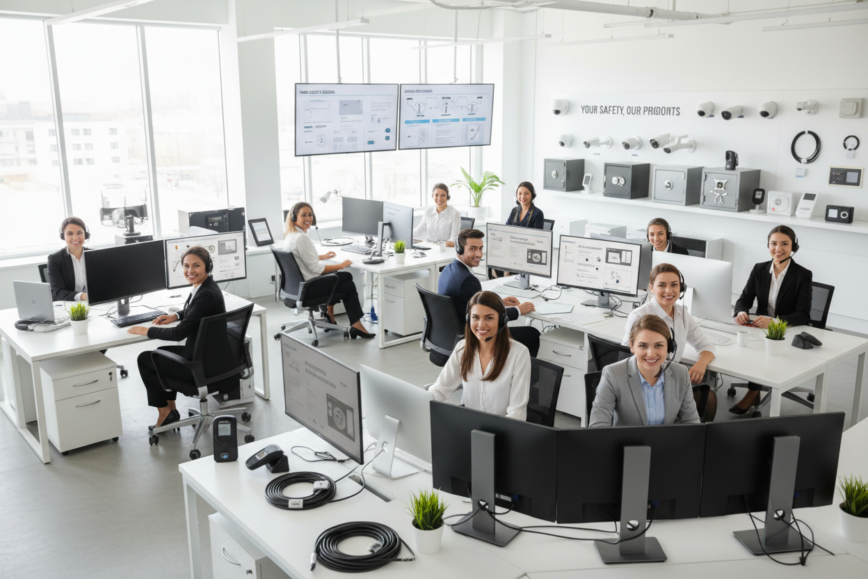 Show a happy security contact us team that provide security solutions such as cameras, safes and laptop cables etc...